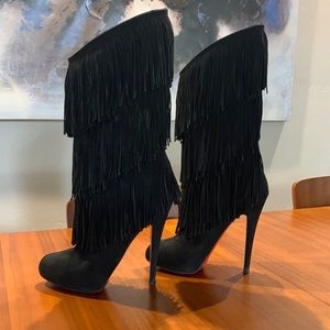Authentic Christian Louboutin Forever Tina Black Suede Platform Fringe Boot
